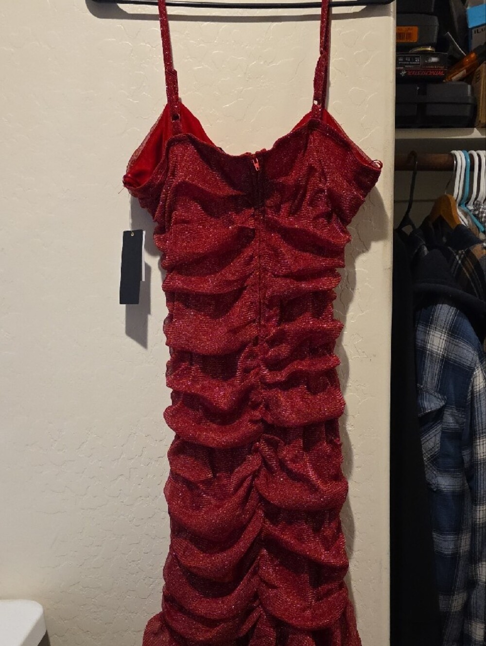 City Studio Glittered Red Ruched Cowl Mini Dress - Picture 7 of 14